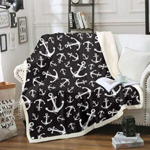 Feelyou Anchor Fleece Blanket for Bed Sofa Couch Nautical Sherpa Throw Blanket Black White Ocean Marine Themed Plush Blanket Room Decor Sea Adventure Fuzzy Blanket Queen 90"x90"