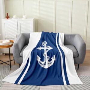 Feelyou Anchor Decor Stripes Blue White Flannel Fleece Throw Blanket 40"x50" Ocean All Season Bed Blanket for Sofa Couch Nautical Themed Fuzzy Blanket Breathable Nautical Plush Blanket Room Decor