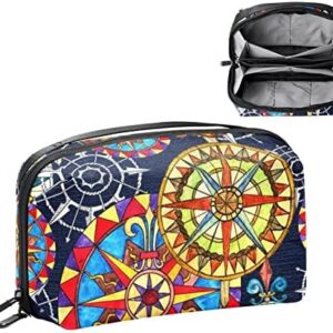 Electronics Organizer, Colorful Vintage Nautical Compass Pattern Small Travel Cable Organizer Carrying Bag, Compact Tech Case Bag for Electronic Accessories, Cords, Charger, USB, Hard Drives