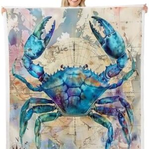 Crab Kids Throw Blanket,Nautical Compass Ocean Adventure Bed Blanket for Boys Girls,Undersea World Marine Creature Fleece Blanket,Blue Beige Fuzzy Blanket,Baby Size (30 x 39 Inches)