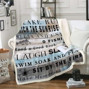 Lake Rule Throw Blanket Throw 50"X60" Rustic Lake Life Cabin Fleece Bed Blanket Gifts For Lake Life Lovers,Farmhouse Lake House Sherpa Blanket Fishing Camping Nautical Flannel Blanket Blue Grey