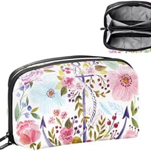 Electronics Organizer, Aesthetic Nautical Anchor Pink Floral Flowers Leaves Small Travel Cable Organizer Carrying Bag, Compact Tech Case Bag for Electronic Accessories, Cords, Charger, USB, Hard Drives
