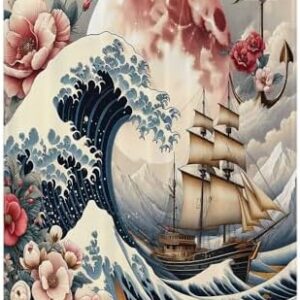 Nautical Blanket, Blooming Flowers Japanese Waves Explorers Ship and Ruby Moon, Lightweight & Warm, Perfect for Bed or Couch, Queen, Floral, 30" x 40" Blue Pink Eggshell