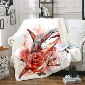 Erosebridal Shark Blanket Rose Flowers Throw Blanket 40"x50",Ocean Fish Coastal Fleece Blanket Nautical Sea Animal Bed Blanket for Sofa Couch Travel Camping Bed Chair