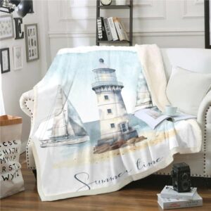 Nautical Blanket Sailboat Lighthouse Throw Blanket for Bed Chair Watercolor Ocean Themed Fleece Blanket 30x40 Summer Beach Sherpa Blanket Decoratives Sea Adventure Bedroom Decor, Luxury White Blue