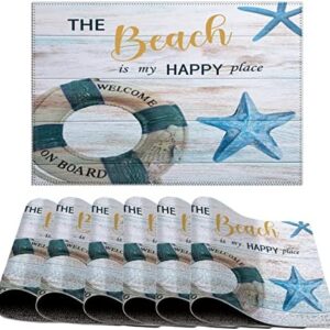 Beach Scene Ocean Theme Placemats for Dining Table, Nautical Beach Ocean Theme Shells Sea Animal Heat Resistant Place Mats, Washable PVC Table Mats, Non-Slip Stain Resistant Table Placemats