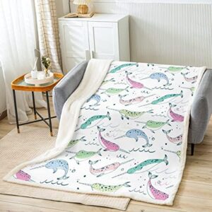 Narwhal Fleece Bed Blanket Ocean Whale Plush Blanket Throw Coastal Nautical Sherpa Blanket For Kids Boys Girls Marine Life Cartoon Animals Fuzzy Blanket Sofa Decor Child Room Decor Throw 50"x60"