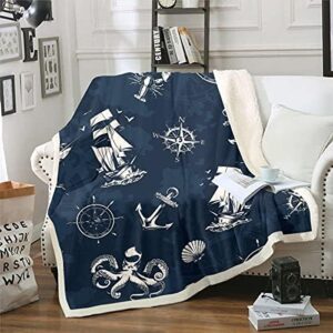 Feelyou Ocean Nautical Throw Blanket Sailboat Anchor Compass Plush Blankets and Throws Sea Adventure Sherpa Blanket Throw Navy Blue