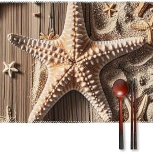 Placemats Set of 4 Washable Heat Resistant Woven Place Mats Starfish Ocean Wooden Surface Ocean Beach Nautical Placemats Non-Slip Wipeable Placemats Vinyl Table Mat for Kitchen Dining Room Table Decor