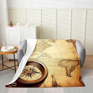 Erosebridal Nautical Blanket Vintage Compass World Map Fleece Blanket Retro Globe Throw Blanket for Adults Teenager Travel Fuzzy Blanket for Sofa Bed Couch,Microfiber Throw 50X60