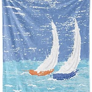 Ambesonne Nautical Soft Flannel Fleece Throw Blanket, Grunge Style Illustration of 2 Racing Sailboats in a Windy Ocean Water Print, Cozy Plush for Indoor and Outdoor Use, 50" x 70", Blue