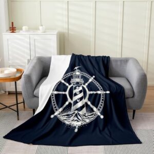 Feelyou Nautical All Season,Bed Blanket Lighthouse Rudder Pattern Plush Throw Blanket, for Sofa Couch Kids Room Decor Ocean Themed Flannel Fleece Blanket Set Marine Sea Adventure Queen 90"x90"