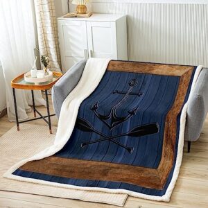 Lake Life Flannel Blanket,Nautical Anchor Paddle Print Fuzzy Blanket for Children Present,Navy Blue Wooden Board Rustic Plaid Polyester Throw Blanket for Couch, Twin Size (60 x 80 Inch)