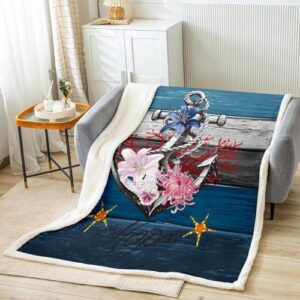 Ocean Adventure Bed Blanket,Nautical Anchor Flannel Blanket for Room Decor,Wood Grain Coral Flower Fleece Blanket for Kids Adults Sofa Dorm Decor,Throw 50"x60"