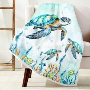 Turtle Blanket Sea Animal Starfish Throw Blanket Kids Blankets Throws Sea Turtle Gifts for Women Boys Girls Aqua Teal Blue Super Soft Cozy Flannel Throw Blanket for Couch Sofa Bed 50"x 60"