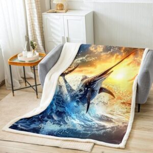 Feelyou Marlin Swordfish Sherpa Blanket Ocean Fish Fleece Throw Blanket Kids Nautical Fishing Hunting Plush Blanket Ocean Animals Fuzzy Blanket Sofa Bed Couch,Twin 60X80 Inches,Twin 60X80 Inches