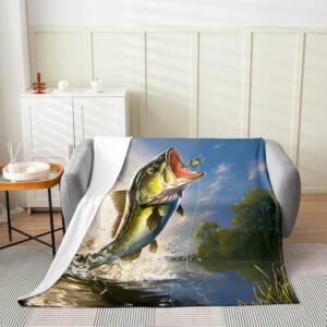 jejeloiu Pike Fish Flannel Fleece Throw Blanket Throw 50"x60" Bass Big Fish Fuzzy Blanket for Sofa Couch Kids Fishing and Hunting All Season Bed Blanket Nautical Fisherman Fish Man Plush Blanket