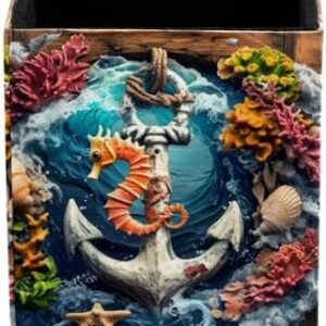 Leather Pen Holder for Desk, Nautical Anchor Seahorse Pencil Holder Cup Desktop Stationery Organizers and Accessories Makeup Brush Holder for Office School Supplies