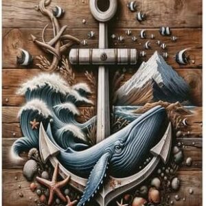 Nautical Blanket, Rustic Maritime Art with Anchor Whale Mountain Sea Waves and Shells, Lightweight & Warm, Perfect for Bed or Couch, Queen, Floral, 30" x 40" Slate Blue