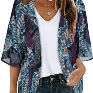 Women's Floral Print Puff Sleeve Kimono Cardigan Loose Cover Up Casual Blouse Tops