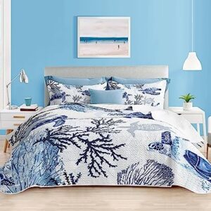 Coastal Bedding King Size Coastal Quilt with 2 Shams, Nautical Bedding Beach Comforter Sets Ocean Bedspreads Blue Seaturtle Coverlet Summer Bedding, 96''x106''