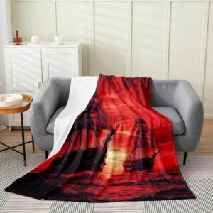 Adventure Sailboat Throw Blanket Lightweight Navigation Theme Fleece Blanket Nautical Pirate Boats Bed Blanket for Kids Teens Adults Modern Luxury Red Flannel Blanket Bedroom Decor 30x40