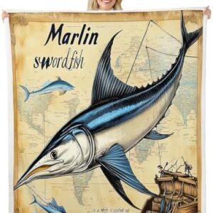 Feelyou Kids Marlin Swordfish Fleece Throw Blanket 40"x50" Ocean Fish Sherpa Blanket for Bed Sofa Couch Decor Nautical Fishing Hunting Nature Marine Animal Pirate Plush Blanket Brown Fuzzy Blanket