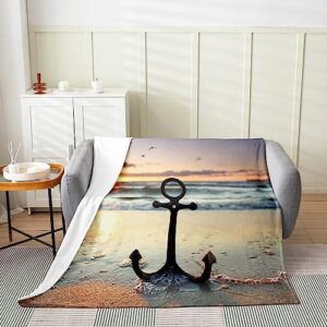 Anchor Decor Fuzzy Blanket Queen 90"x90" Nautical Themed Flannel Fleece Throw Blanket for Sofa Couch Decor Beach All Season Bed Blanket Utra Soft Sunset Plush Blanket Bedroom 3D Print Anchor