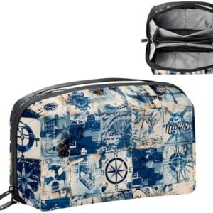 Electronics Organizer, Retro Nautical Style Marine Sailing Elements Small Travel Cable Organizer Carrying Bag, Compact Tech Case Bag for Electronic Accessories, Cords, Charger, USB, Hard Drives