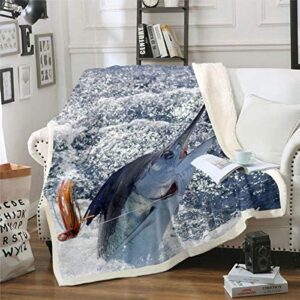 Marlin Swordfish Blanket Throw Fishing Theme Fleece Blanket Nautical Deep Sea Fish Sherpa Blanket For Kids Boys Girls Seafood Fishermen Fuzzy Blanket Bedroom Decor Sofa Decor Queen 90"x90" Blue