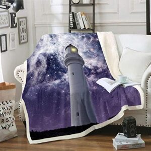 Erosebridal Lighthouse Fuzzy Blanket Nautical Bed Blanket Purple Galaxy Starry Sky Outer Space Universe Fleece Blanket Trippy Throw Blanket for Adult, Home Decorative Throw