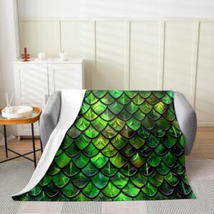 Erosebridal Green Scales Blanket for Boys Kids,Ocean Nautical Mermaid Scales Throw Blanket Bedroom Decor,Fish Scales Sealife Fleece Blanket,3D Marine Squama Fuzzy Blanket Throw 50X60