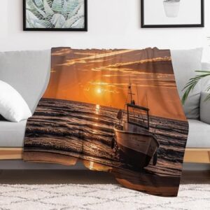 Throw Blanket for Bed Lightweight Flannel Blanket Soft Cozy Couch Blanket with Plush Warm Boat Beach Sunrise Time Nautical Blanket for Sofa Bed All Seasons 50"x70"