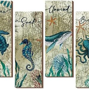 4 Pieces Beach Bathroom Decor Wall Sign Art Ocean Decor Sea Turtle Wall Art Nautical Bathroom Pictures Coastal Octopus Wood Sign Bedroom Art Teal Bathroom Accessories Kitchen Home Decorations (Ocean)