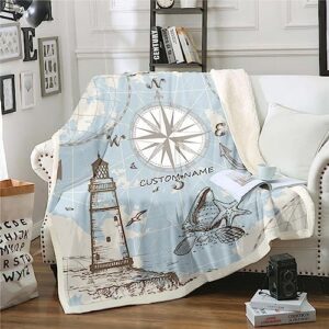 Custom Name Nautical Blanket 50"x60" Anchor Compass Throw Blanket for Teens Boys,Ocean Theme Sketch World Map Fleece Blanket Lighthouse Starfish Sealife Bed Blanket,Retro Vintage Style Sofa Decor