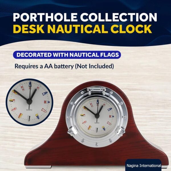 Clock Tambour Elegant Nautical Desk Time Keeper with Maritime Signal Flags - Chrome Porthole Design on Wooden Base, Quartz Movement, Decorative Ship-Themed Timepiece for Home, Office, or Gift - Image 5