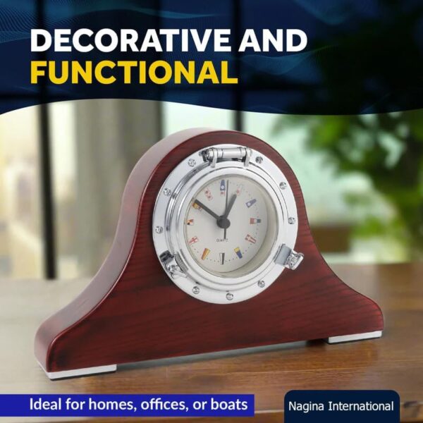 Clock Tambour Elegant Nautical Desk Time Keeper with Maritime Signal Flags - Chrome Porthole Design on Wooden Base, Quartz Movement, Decorative Ship-Themed Timepiece for Home, Office, or Gift - Image 2