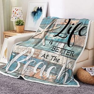 JAWO Beach Throw Blanket, Rustic Vintage Wood Ocean Quote Words Flannel Blanket for Couch Bed Sofa Chair Home Decor, Nautical Coastal Theme Blanket, Cozy Warm Soft Blankets, 50x60 Inch