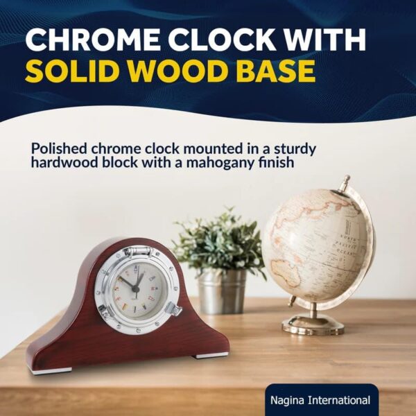 Clock Tambour Elegant Nautical Desk Time Keeper with Maritime Signal Flags - Chrome Porthole Design on Wooden Base, Quartz Movement, Decorative Ship-Themed Timepiece for Home, Office, or Gift - Image 3