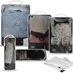 Compression Packing Cubes Set for Travel – Lightweight, Space-Saving Luggage Organizers with Mesh Design (Black/White 6 piece set)